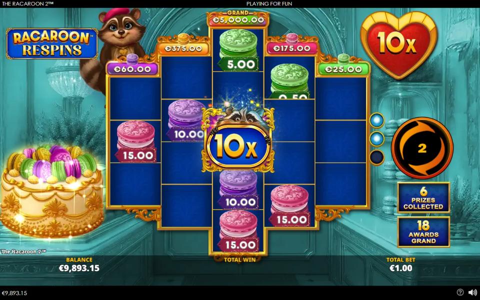 Racaroon Respins board at a 10x multiplier with six cash prizes locked around the raccoon