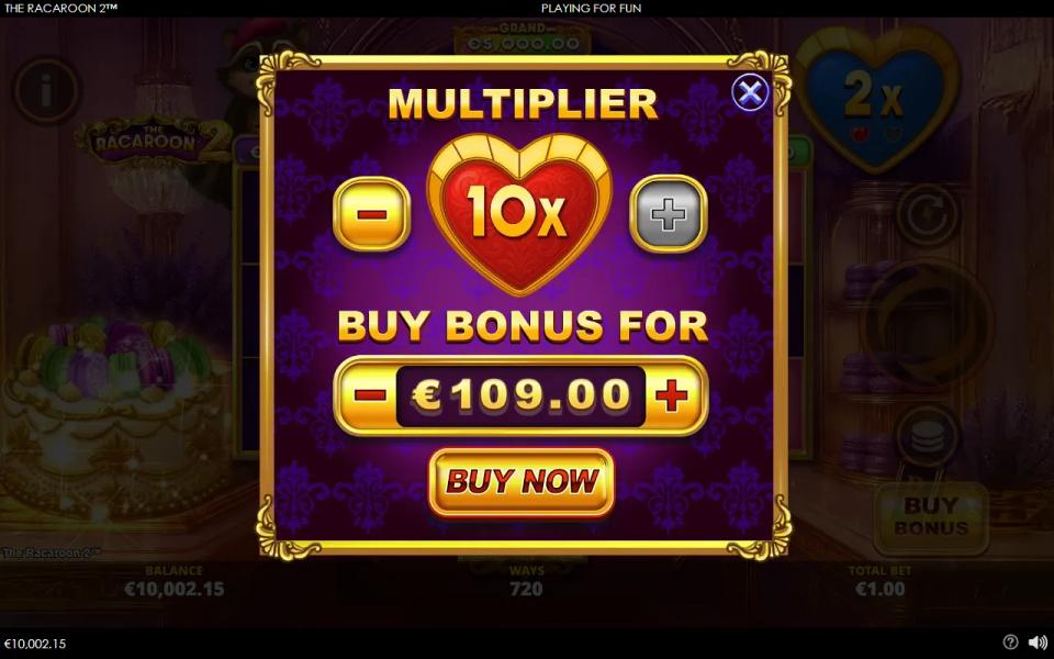 The Racaroon 2 Buy Bonus menu set to the 10x multiplier at 109 times the bet