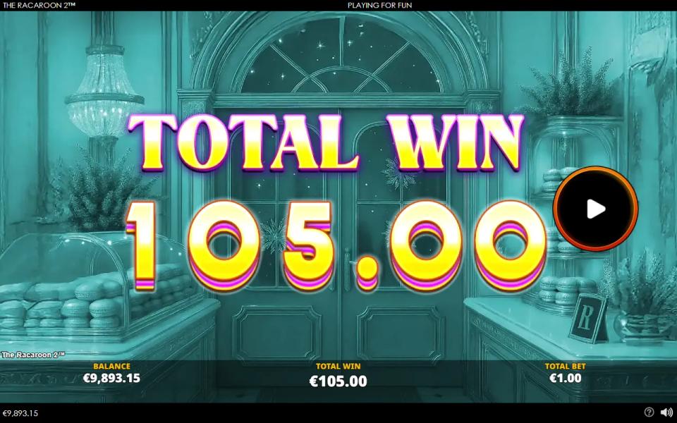 Total win card reading 105.00 after a bought Racaroon Respins round at a 1.00 stake