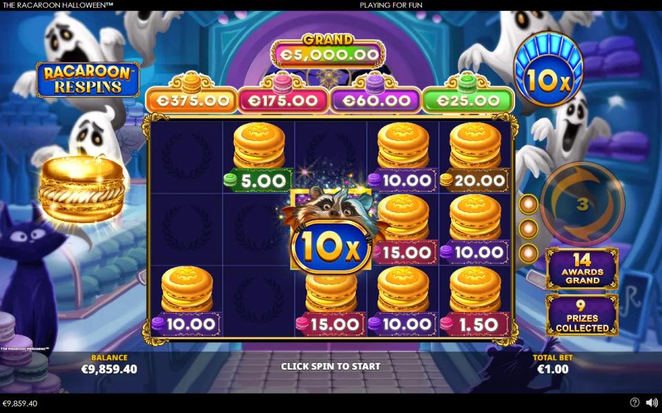 Racaroon Respins with nine macaroon prizes collected and the respin counter back at three after a new prize landed
