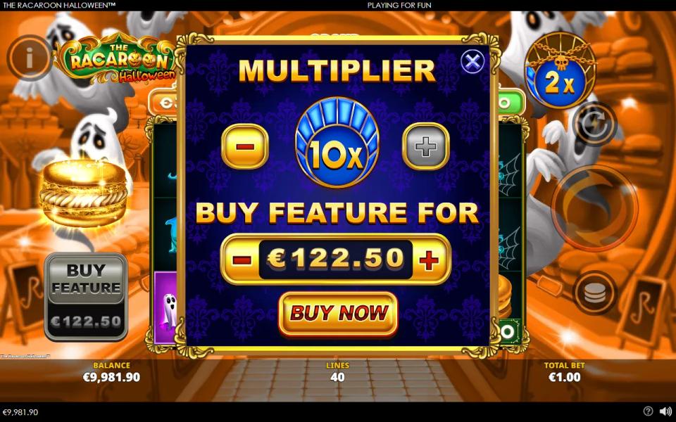 The Racaroon Halloween Buy Feature menu set to a 10x starting multiplier, priced at 122.5 times a 1.00 bet