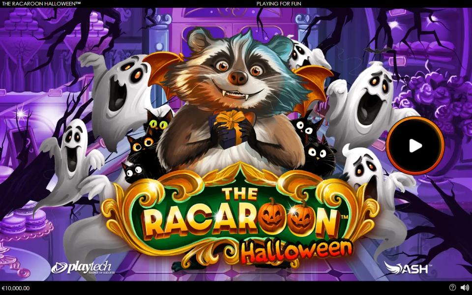 The Racaroon Halloween title screen with the raccoon, ghosts and black cats in a Halloween sweet shop