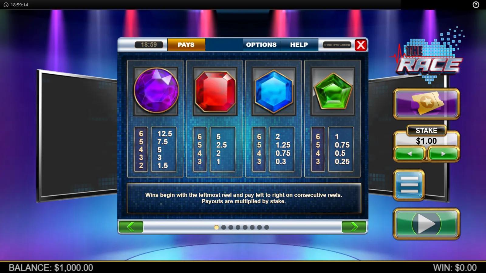 The Race slot PAYS screen showing coloured gem symbol payouts on a neon TV-gameshow stage