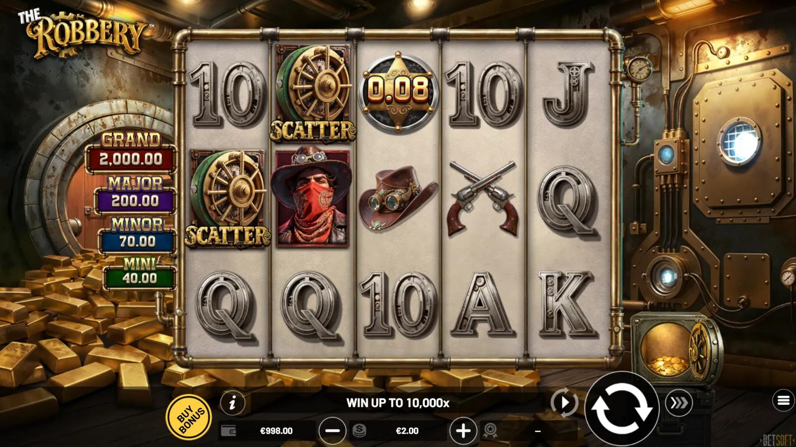 The Robbery slot gameplay showing 5x3 western vault grid with two Scatter dials and a Coin symbol