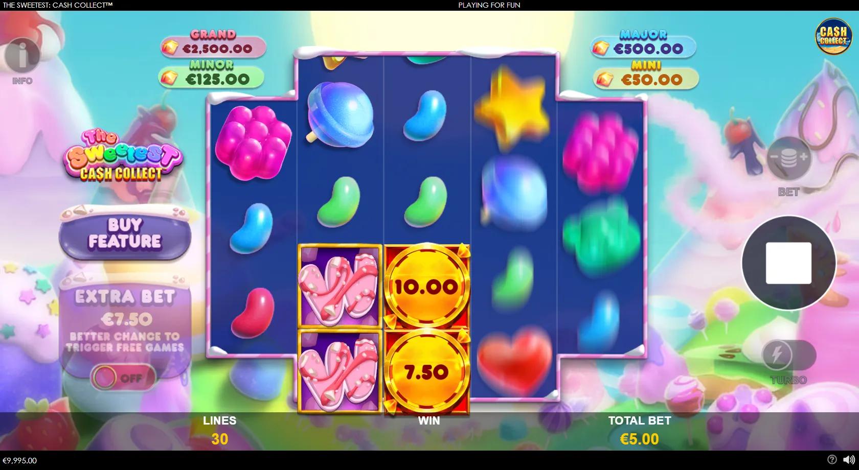The Sweetest Cash Collect slot gameplay showing a staggered candy-themed 3-4-4-3 grid with jelly-bean and lollipop symbols, gold Cash Collect coins and a four-tier prize bar