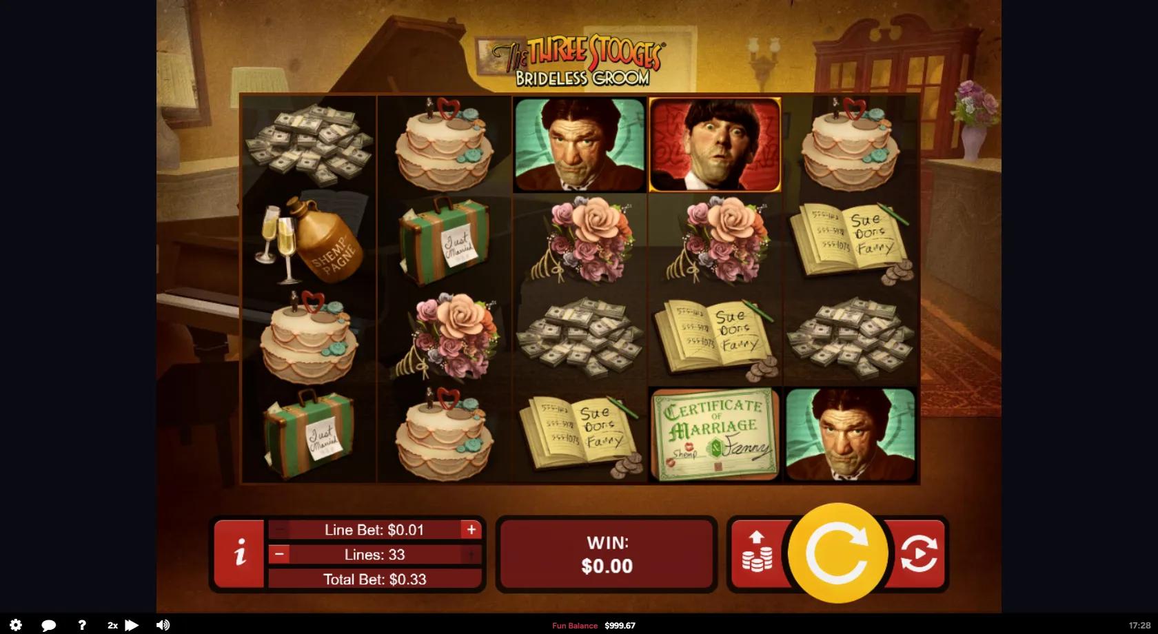 The Three Stooges Brideless Groom slot gameplay screenshot
