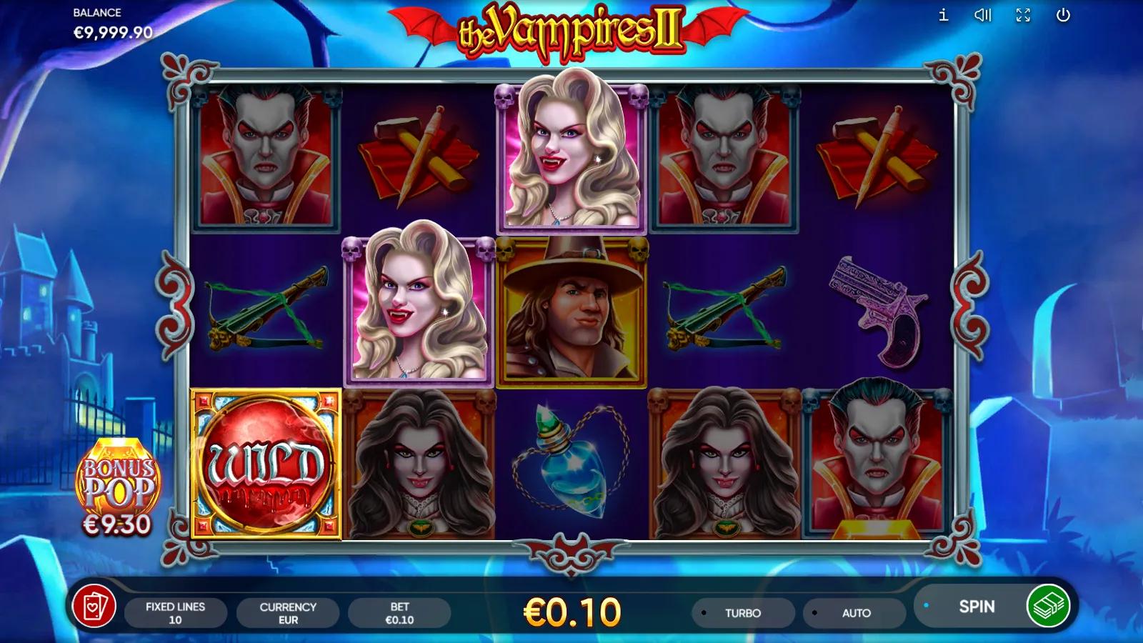 The Vampires II gameplay showing 5x3 reels with vampire and hunter characters, a blood vial and crossbow in a graveyard