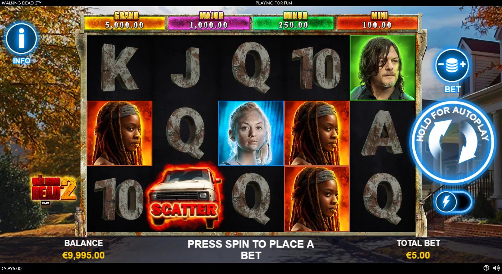 The Walking Dead 2 gameplay showing 5x3 reels with character portraits, zombie-hand wild and truck scatter and four jackpots
