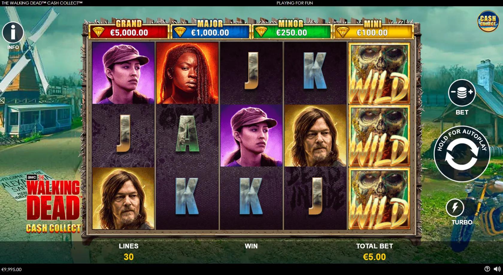 The Walking Dead Cash Collect gameplay showing 5x3 reels with Negan, Michonne and zombie wild and four jackpots