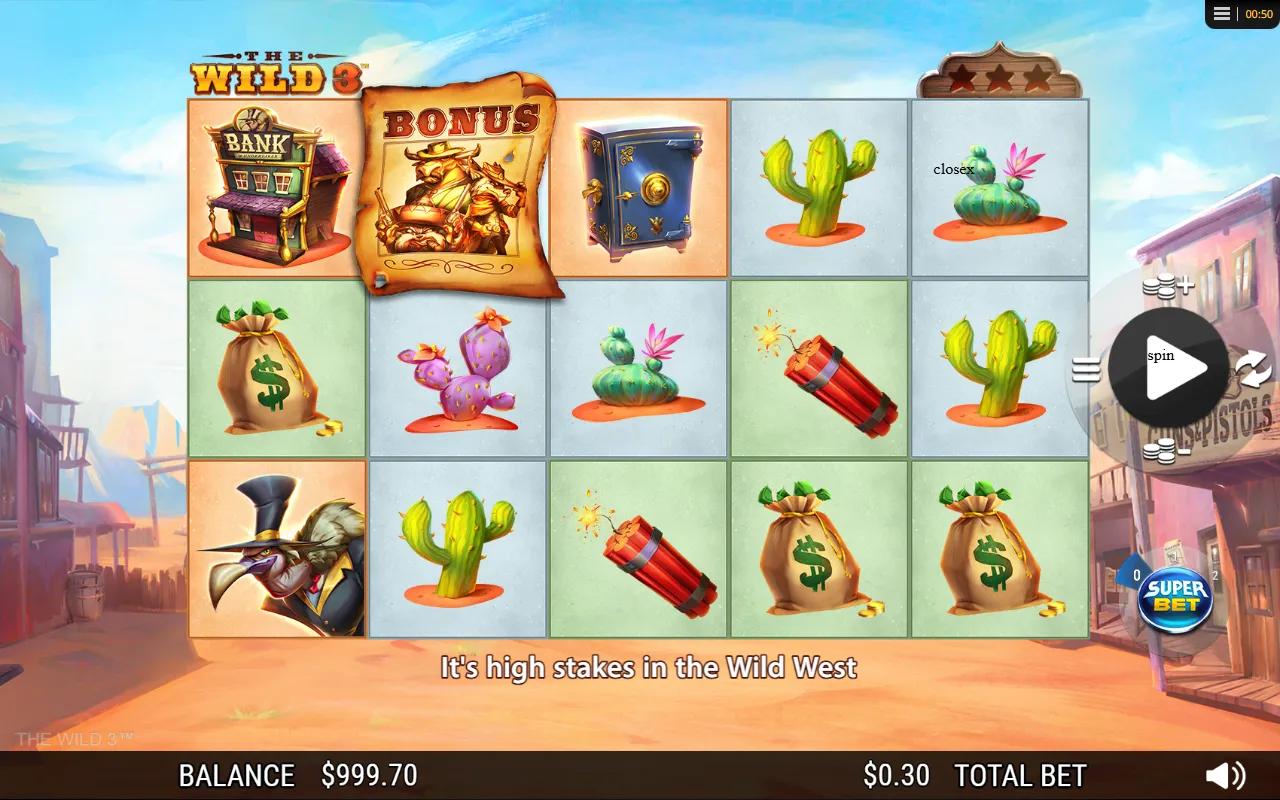 The Wild 3 slot gameplay showing 5x3 Wild West grid with BONUS scatter scroll on reel 2 and cowboy symbols