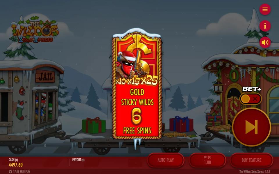 Gold Wild Bonus intro card in The Wildos: Xmas Xpress reading x10 x15 x25 Gold Sticky Wilds, 6 Free Spins