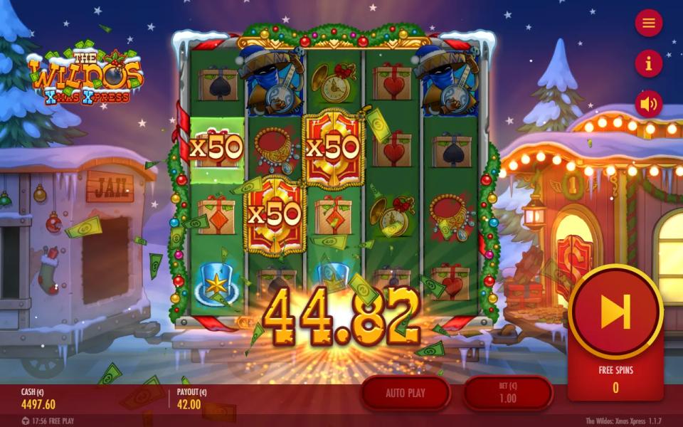 Last free spin of the Gold Wild Bonus in The Wildos: Xmas Xpress, two Gold wilds both showing x50 on a winning line