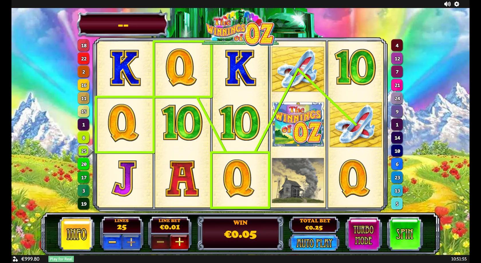 The Winnings of Oz gameplay showing a 5x3 reel set with ruby slippers, Dorothy, companions and Wizard of Oz symbols
