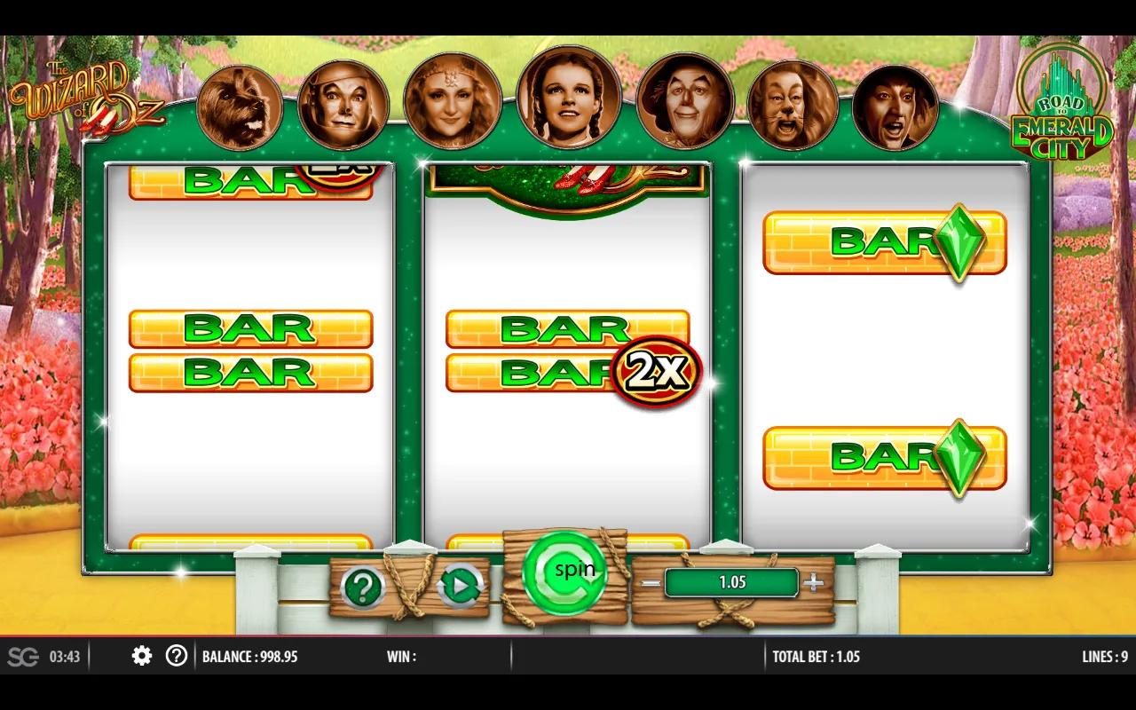 Wizard of Oz Road to Emerald City 3x3 reels with yellow brick BARs, emerald scatters and seven character portraits on top