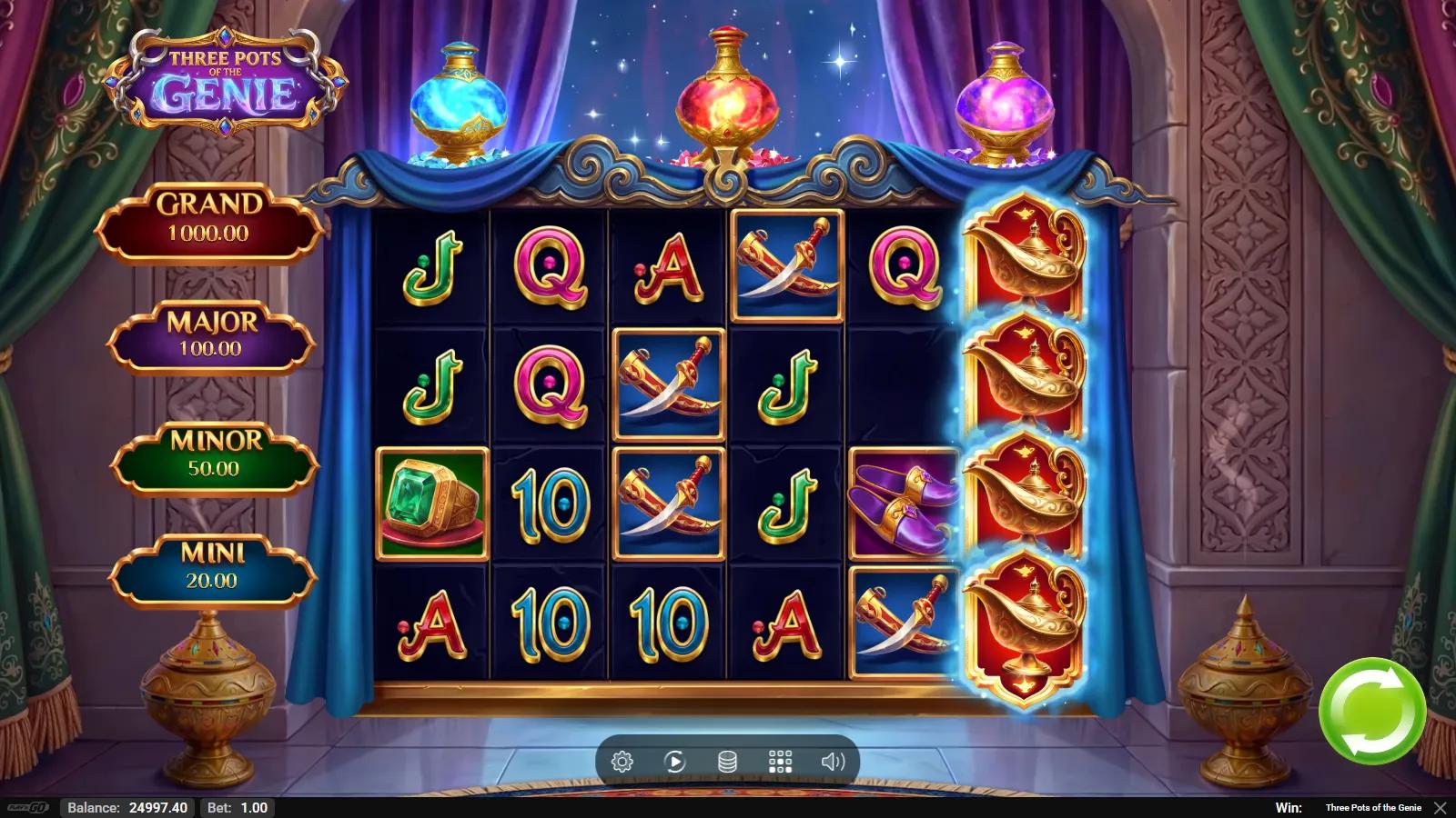 Three Pots of the Genie slot gameplay showing 6x4 4096-ways grid with a stacked genie-lamp reel and Lock'n Gold pots