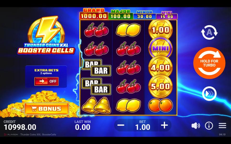 Thunder Coins XXL: Booster Cells 3x5 base game board with four gold coins including a MINI jackpot coin and no Thunder Coin on the reels
