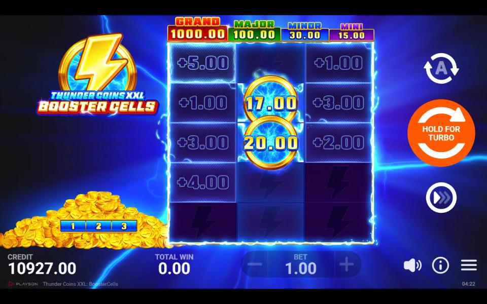 Thunder Coins XXL: Booster Cells bonus board with Thunder Coins reading 17.00 and 20.00 above cells holding stored plus values