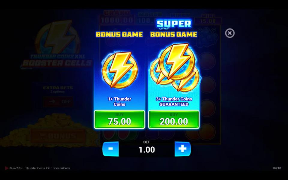 Thunder Coins XXL: Booster Cells buy menu offering the Bonus Game at 75x the bet and the Super Bonus Game with three guaranteed Thunder Coins at 200x