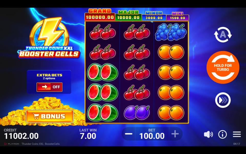 Thunder Coins XXL: Booster Cells reels with the jackpot bar reading Grand 100,000.00, Major 10,000.00, Minor 3,000.00 and Mini 1,500.00