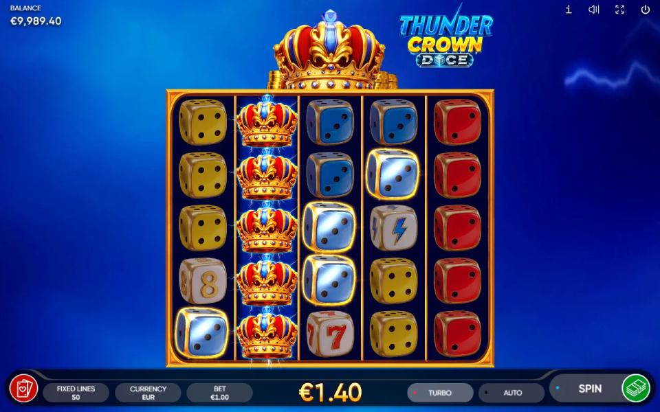 Thunder Crown Dice 5x5 board with the crown wild stretched over all of reel 2 and a line of blue dice lit through it