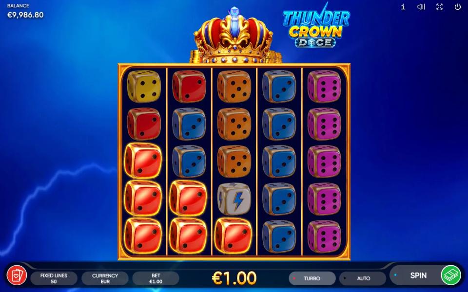 Red dice lit across the first three reels of Thunder Crown Dice for a small line win