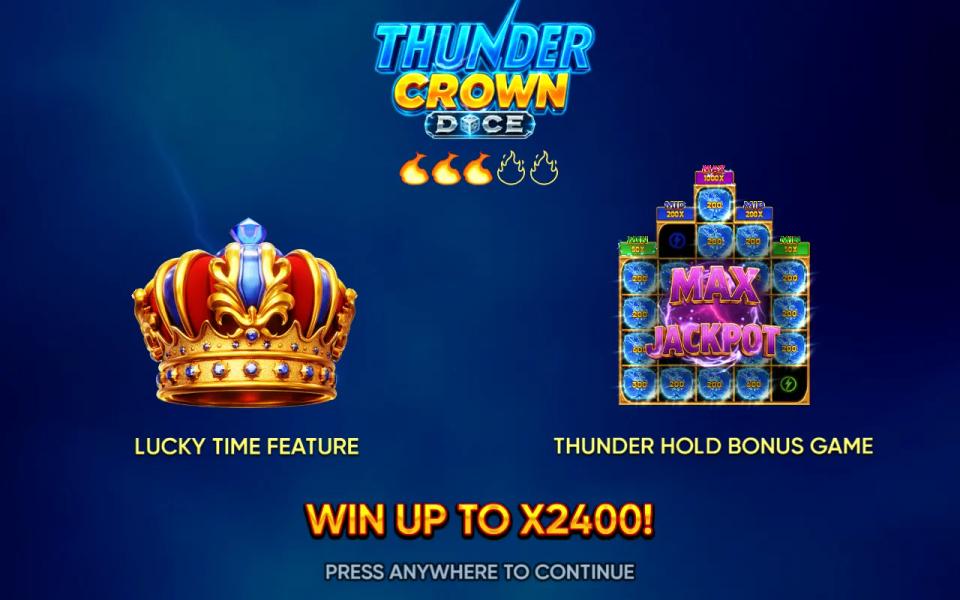 Thunder Crown Dice splash animation with MAX JACKPOT across the hold-and-win grid and WIN UP TO X2400 below