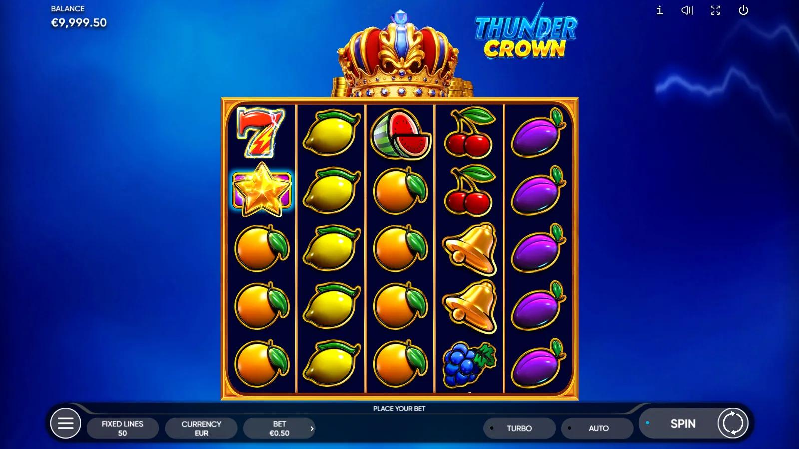 Thunder Crown gameplay showing 5x5 fruit reels with cherries, bells and a gold star beneath the electrified royal crown
