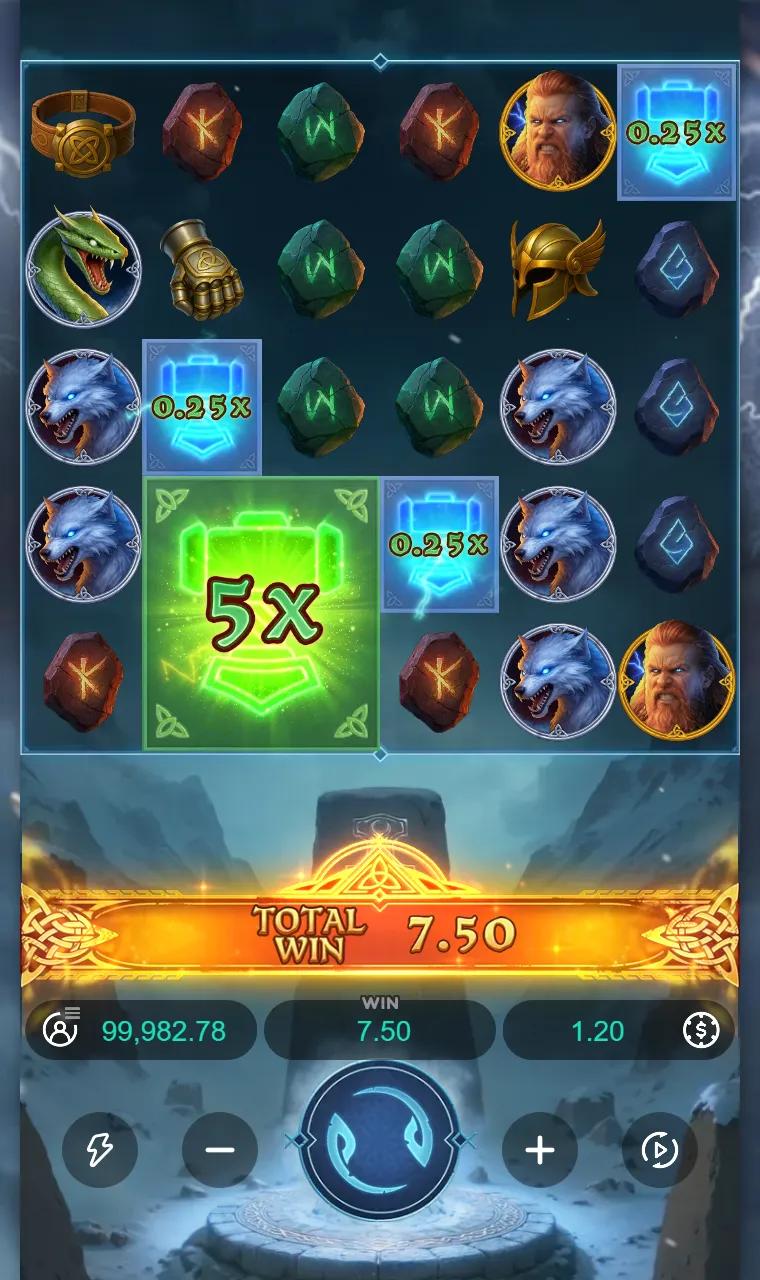 A green 2x2 Prize symbol and three single blue Prize symbols on the Thunder Reckoning board at the end of a spin