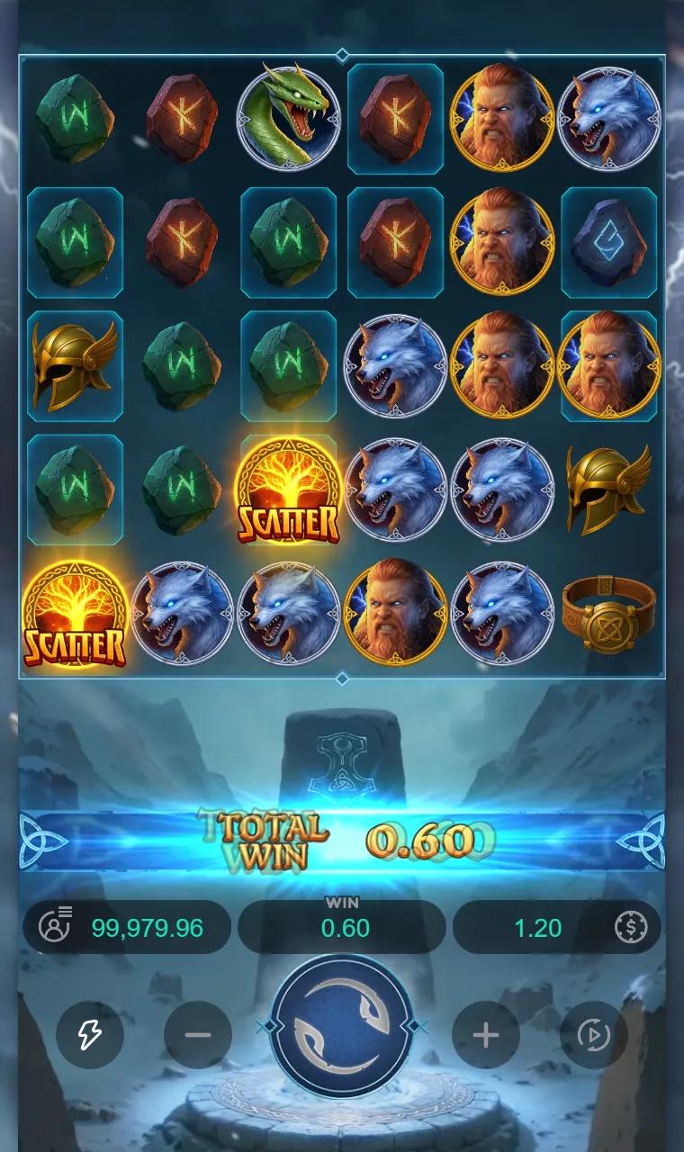 Two Scatter symbols on the Thunder Reckoning board, one short of the three that start the free spins