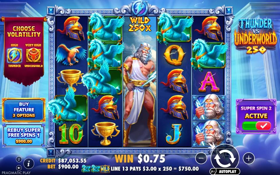 Thunder vs Underworld 250 Super Spin 2 with a 250x wild paying a pegasus line