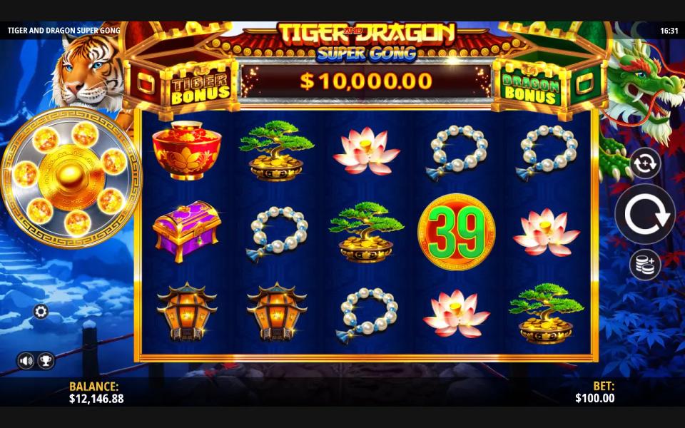 The ten thousand dollar Grand banner in Tiger and Dragon Super Gong at the one hundred dollar maximum stake, unchanged from the minimum