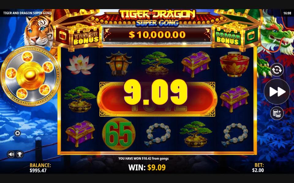 A three-gong cluster paying 10.42 dollars in Tiger and Dragon Super Gong