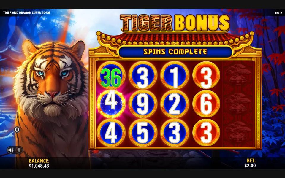 A board locked solid with gong symbols at the end of the Tiger Bonus in Tiger and Dragon Super Gong