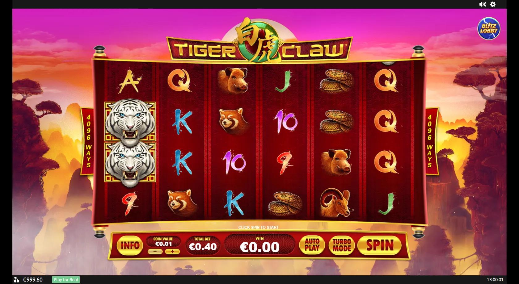 Tiger Claw slot: 6x4 4,096-ways grid with a stacked white tiger wild, red panda, boar and cobra symbols