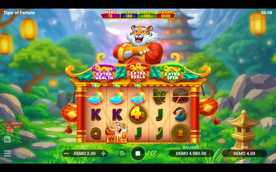 Tiger of Fortune 5x3 board with the tiger on the temple roof and the Extra Wealth, Extra Reels and Extra Spin pots above the reels, paying 4.00 on three jade pendants while two Bonus coins sit idle