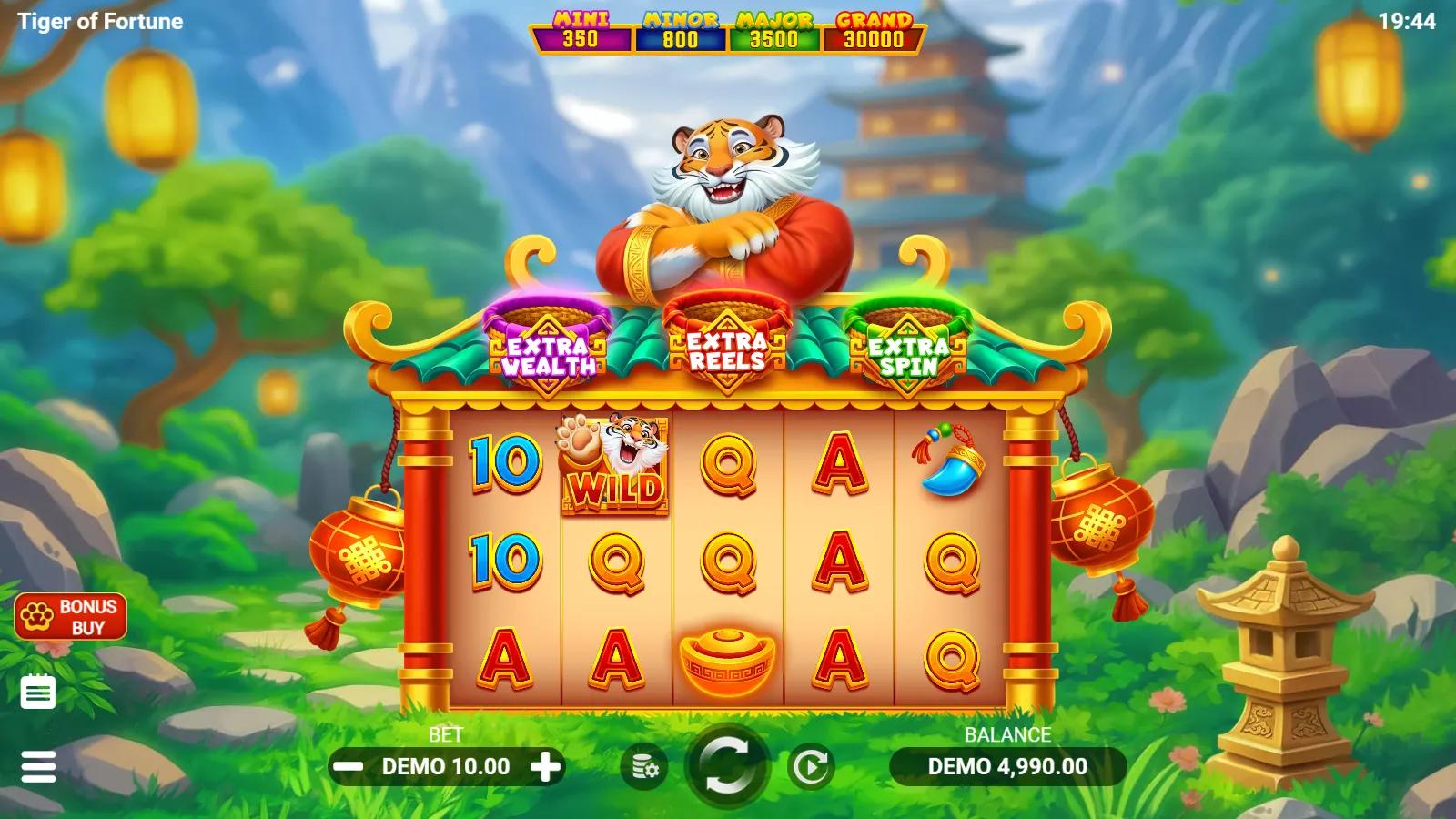 Tiger of Fortune slot gameplay showing 5x3 grid with tiger Wild, jackpot meters and bonus lanterns