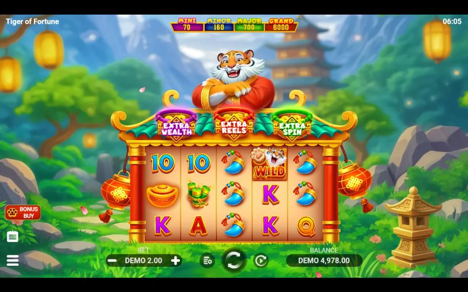 Tiger of Fortune base board with five jade pendant symbols spread across reels 3, 4 and 5 and no winning line