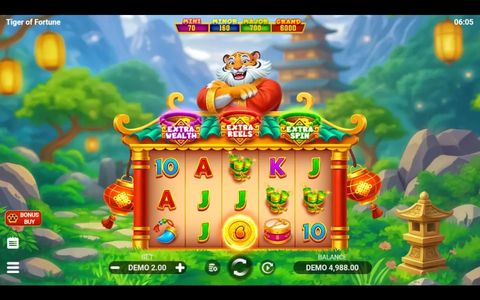 Tiger of Fortune base board with a single glowing gold Bonus coin on reel 3 and the four-tier jackpot bar above the reels