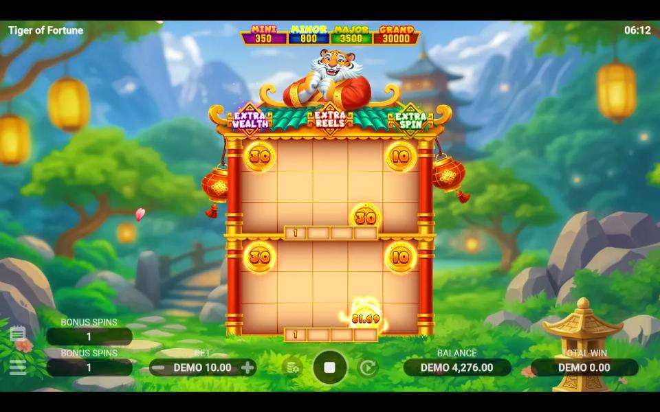 Two stacked Tiger of Fortune bonus fields created by the Extra Reels booster, each with its own spin counter, beside the four-tier jackpot bar