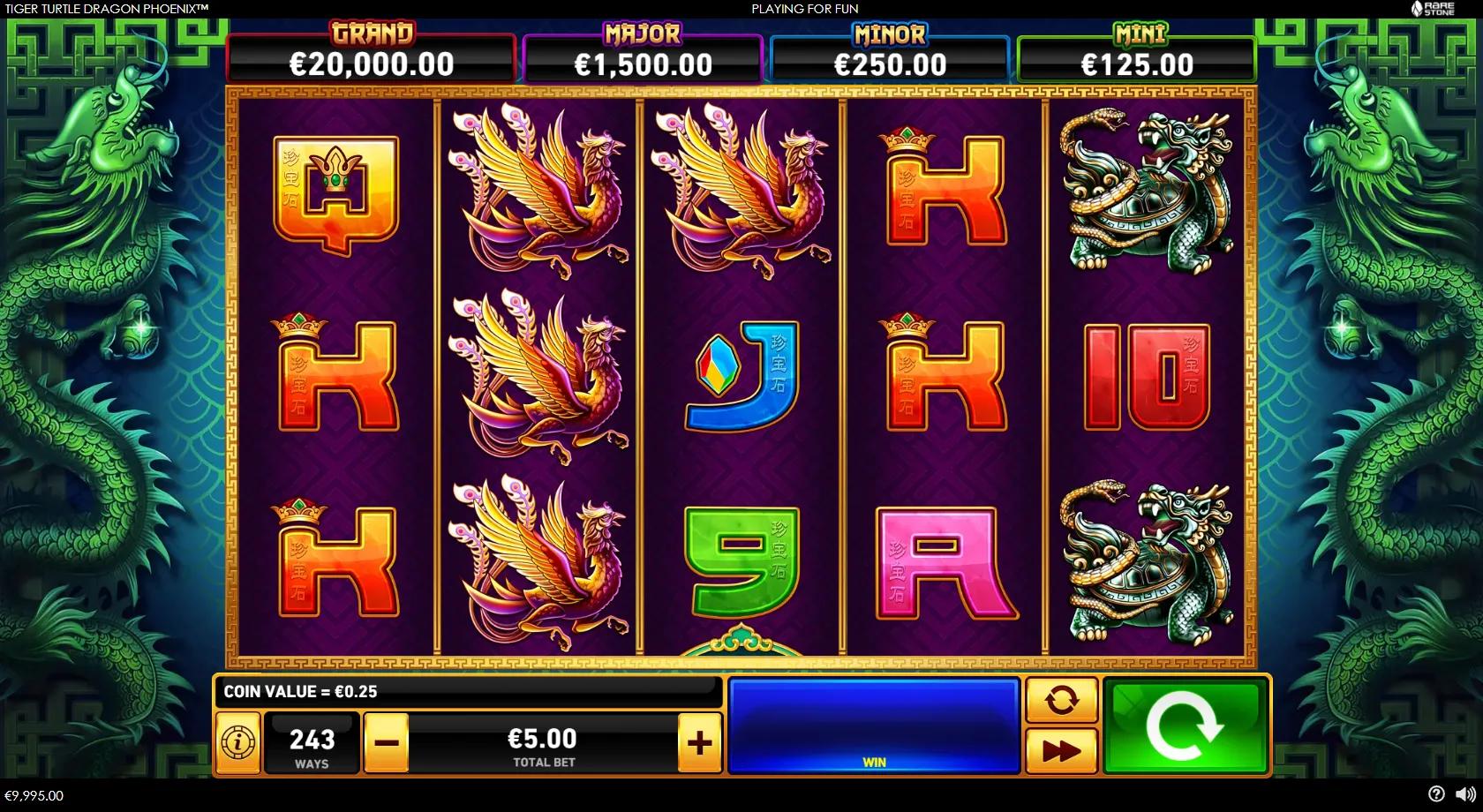 Tiger Turtle Dragon Phoenix gameplay showing a 5x3 243-ways temple reel set with tiger, turtle, dragon and phoenix symbols and four jackpots