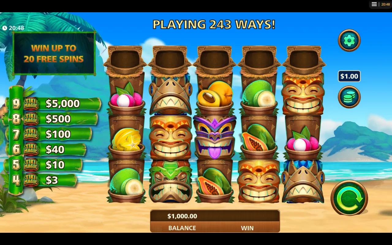 Tiki Magic slot showing 5-reel grid with 243 ways active, carved tiki masks and tropical fruit baskets in wooden bins, jackpot scatter ladder running down the left side