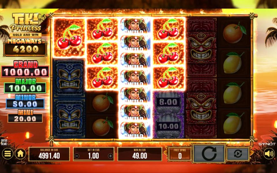 Free spin in Tiki Princess Megaways where the princess Wild has stretched over the whole of reel 3 to join a row of cherries