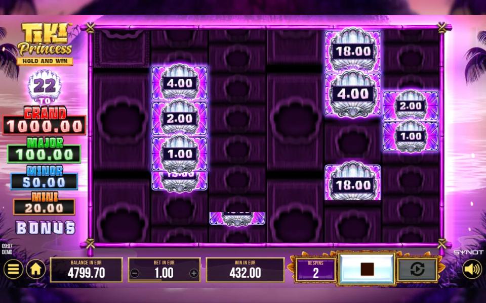 Hold and Win grid in Tiki Princess Megaways with reels of mixed heights, dark empty positions and the first pearl shells held