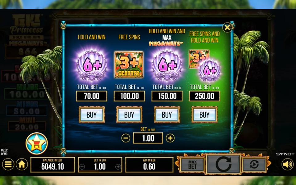 Buy menu of Tiki Princess Megaways listing Hold and Win, Free Spins, Hold and Win and Max Megaways, and Free Spins and Hold and Win