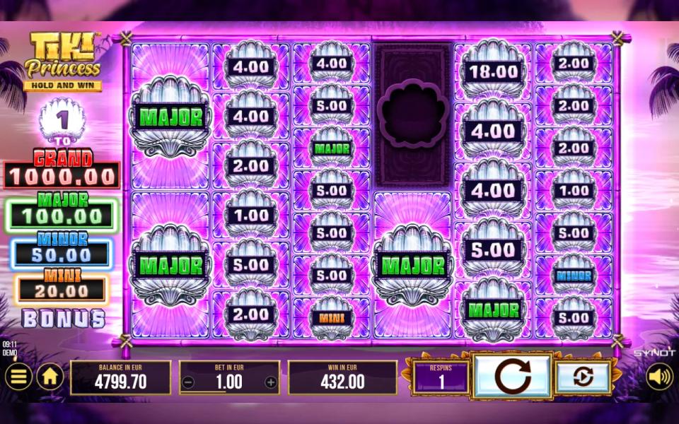 Nearly full Hold and Win grid in Tiki Princess Megaways with one dark position left on reel 4 and several MAJOR shells held