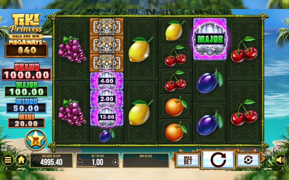 Base game board of Tiki Princess Megaways showing pearl shells with cash values and a MAJOR label