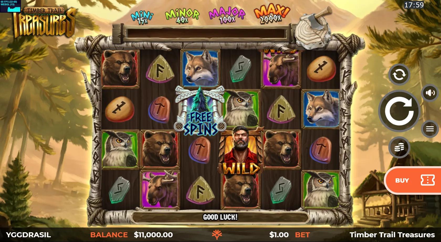 Timber Trail Treasures slot gameplay showing 6x4 4096-ways grid with bear, wolf and owl symbols, a lumberjack Wild and Free Spins scatter