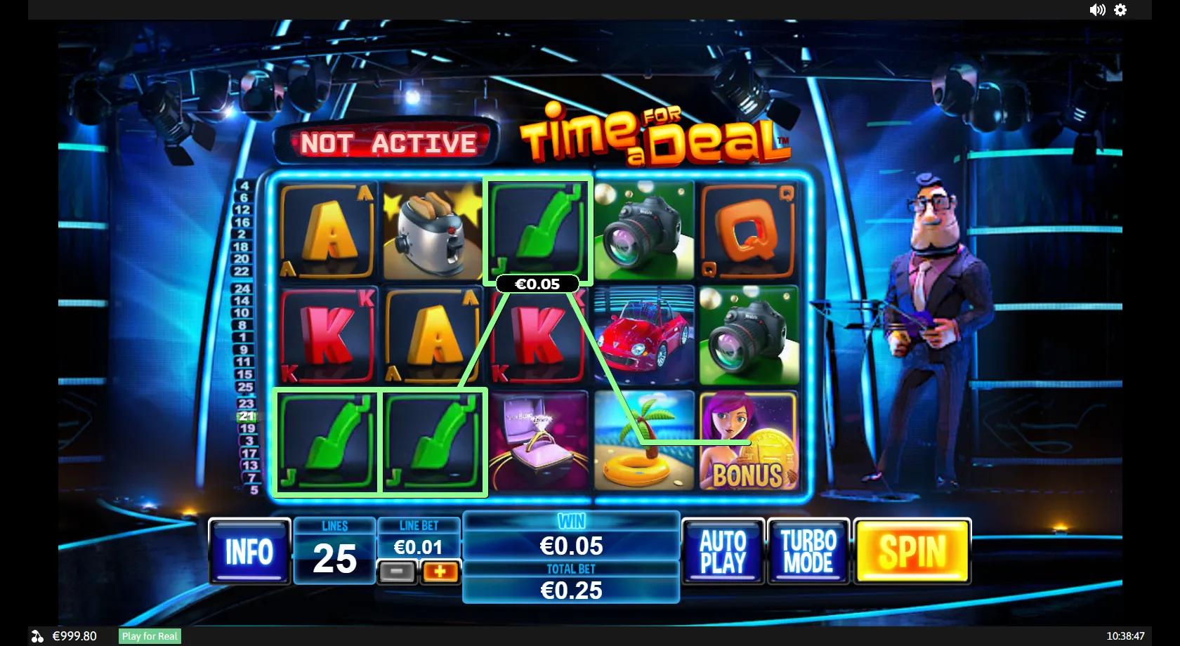Time for a Deal gameplay showing a 5x3 TV game-show reel set with prize symbols, a host wild and bonus scatters