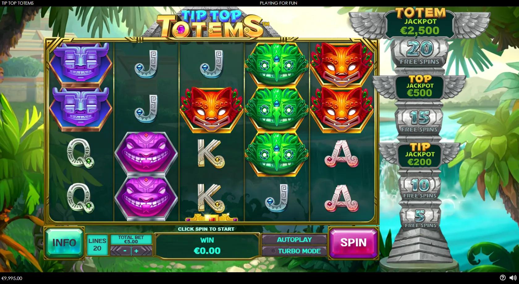 Tip Top Totems slot: 5-reel 20-line grid with neon Aztec totem masks and the totem bonus meter ladder