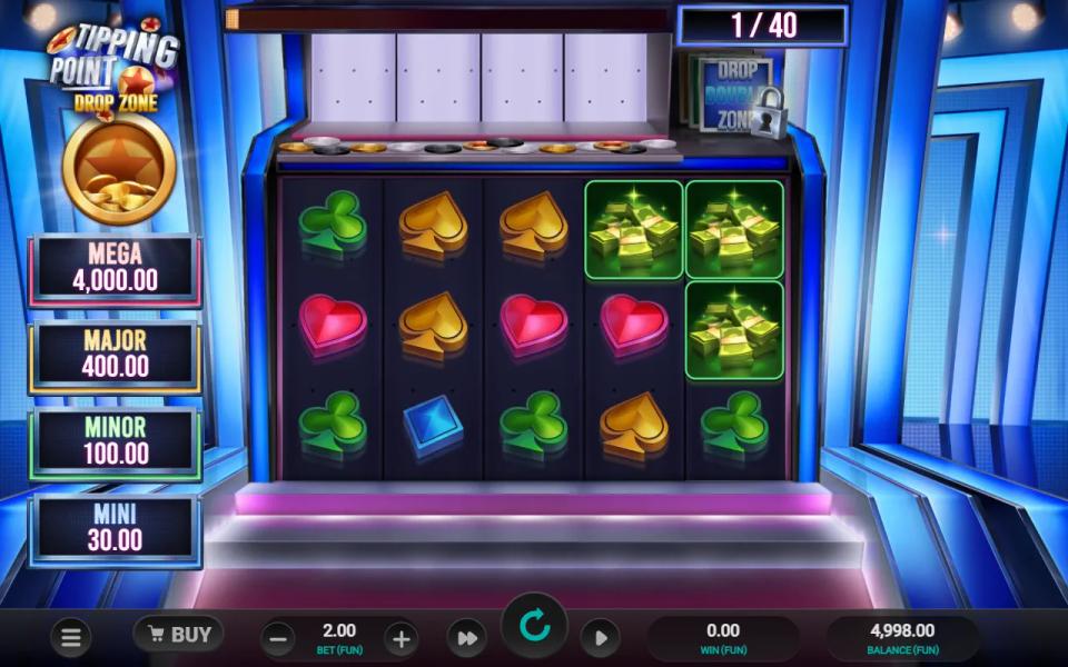 5x3 reels of card-suit symbols beside a counter reading 1 of 40 and a padlocked Drop Zone upgrade plaque